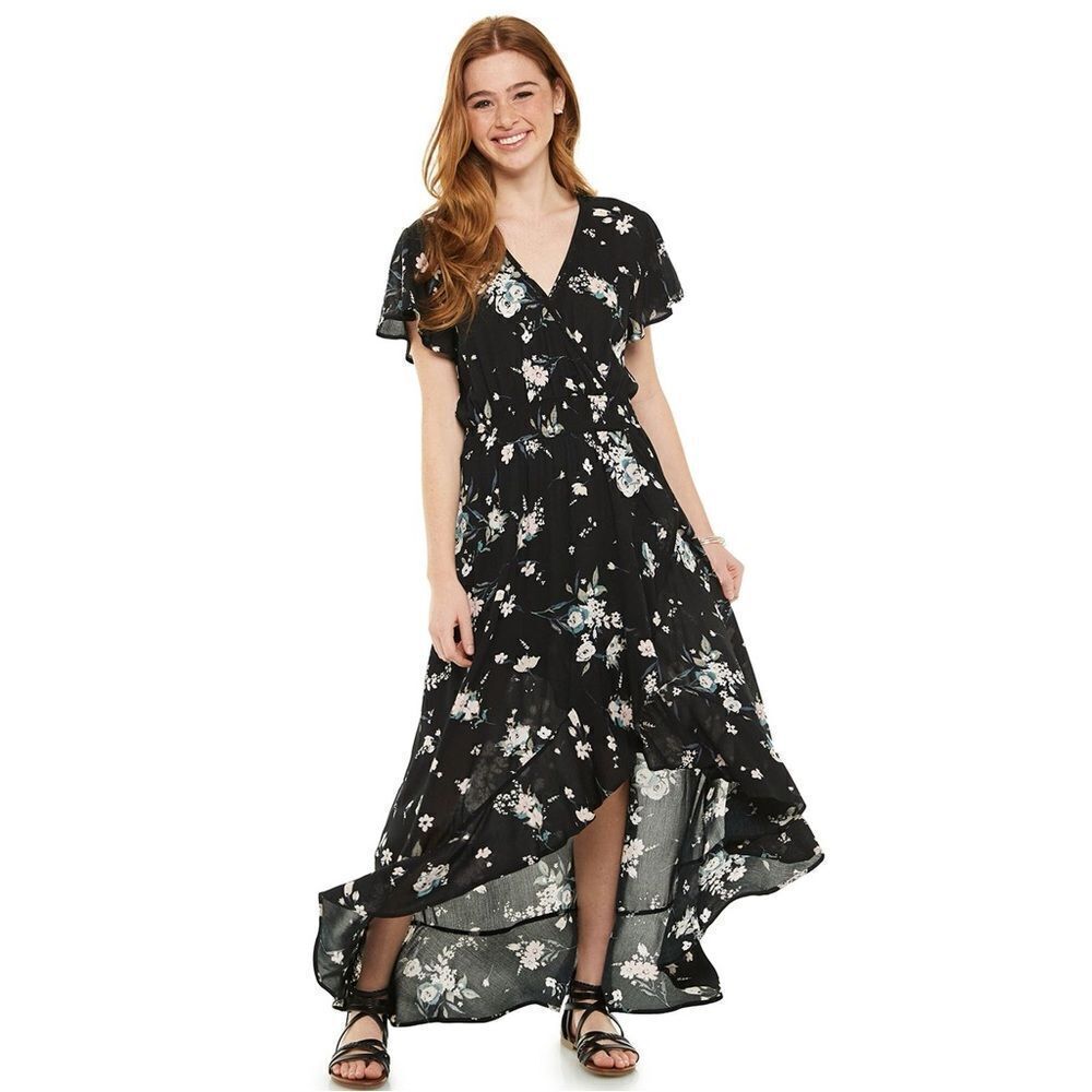 American Rag Faux Wrap Maxi Dress Color: Tossed Floral Black Size Small